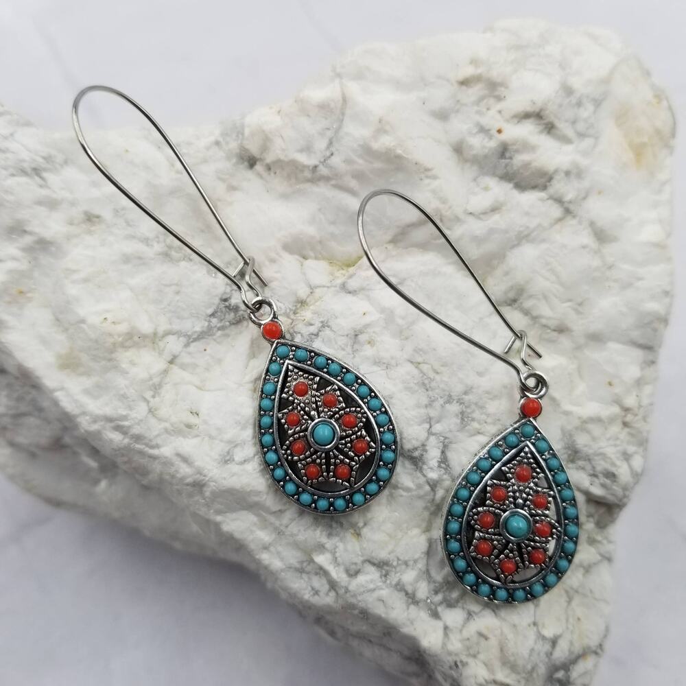 Boho Red Blue Turquoise Beaded Drop Dangle Earrings